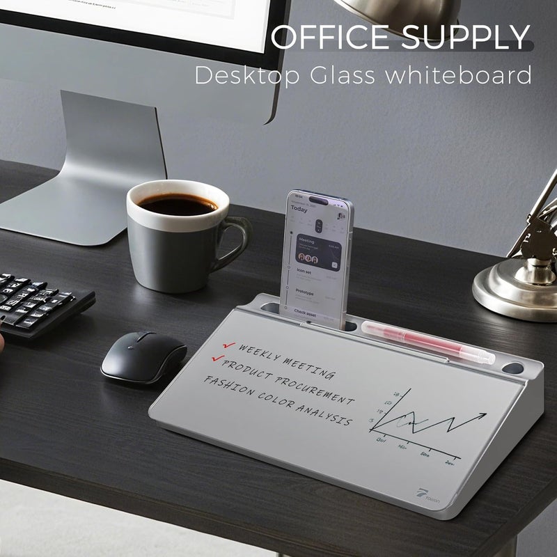TOWON Small Compact Glass Desktop Whiteboard with Storage – 12 x 7 in Dry Erase Board for Desk, Home Office, School | Includes 5 Markers, Eraser & Holder | Space-Saving Organizer, Metallic Silver - Image 2